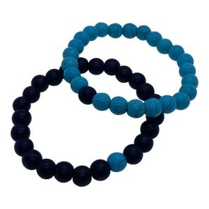His Her Lovers Husband Wife Couples Black Blue Turquoise Stretch Bracelets Set